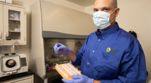 Man in lab holding tray of vials for testing