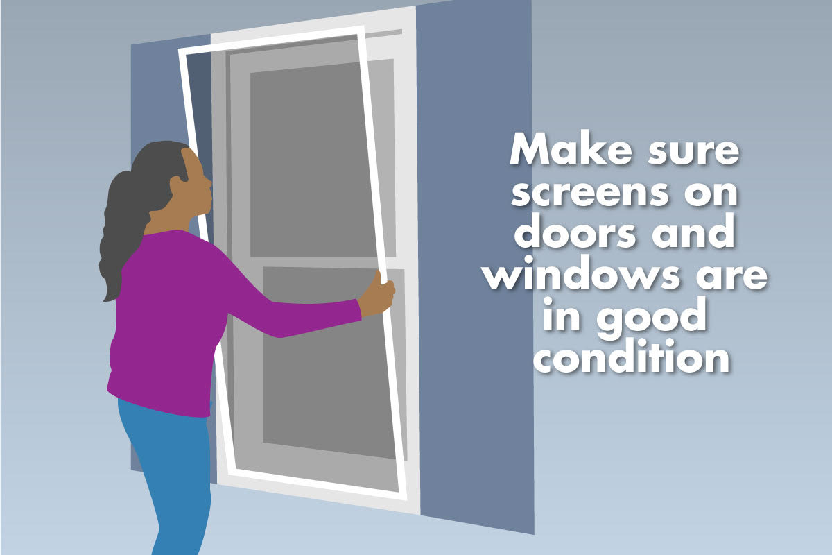 Graphic explaining to make sure screens on doors and windows are in good condition